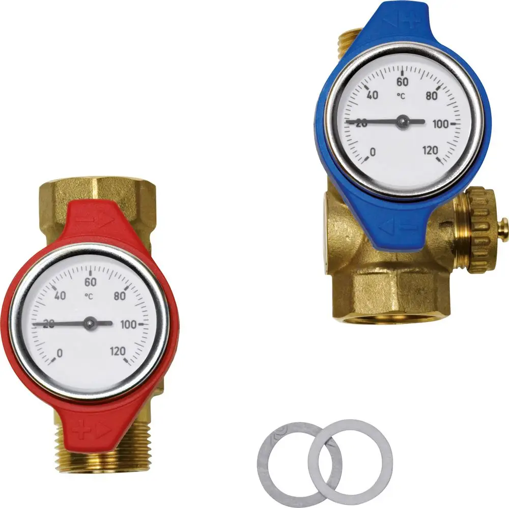Zwei Armaturen mit Temperaturanzeige in Rot und Blau. Unterhalb befinden sich zwei Dichtscheiben. Produkt von Bosch.